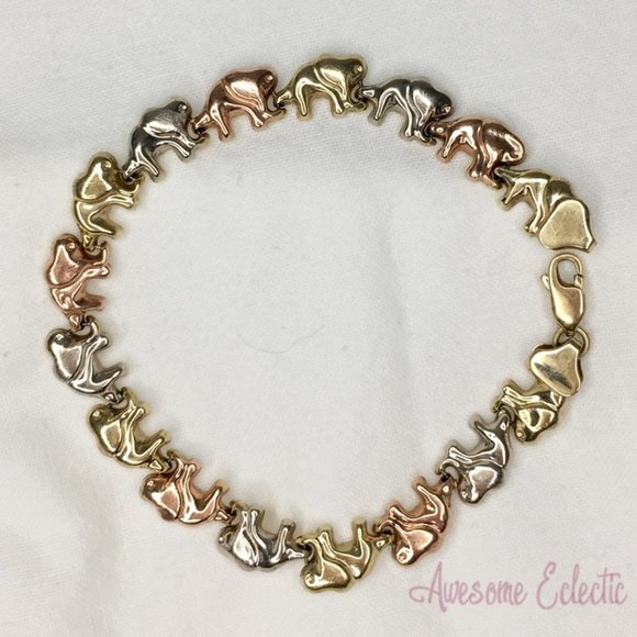 10k Tri-Color Elephant Bracelet - Sz M - 7" - A Perfect Gift! - Picture 1 of 4